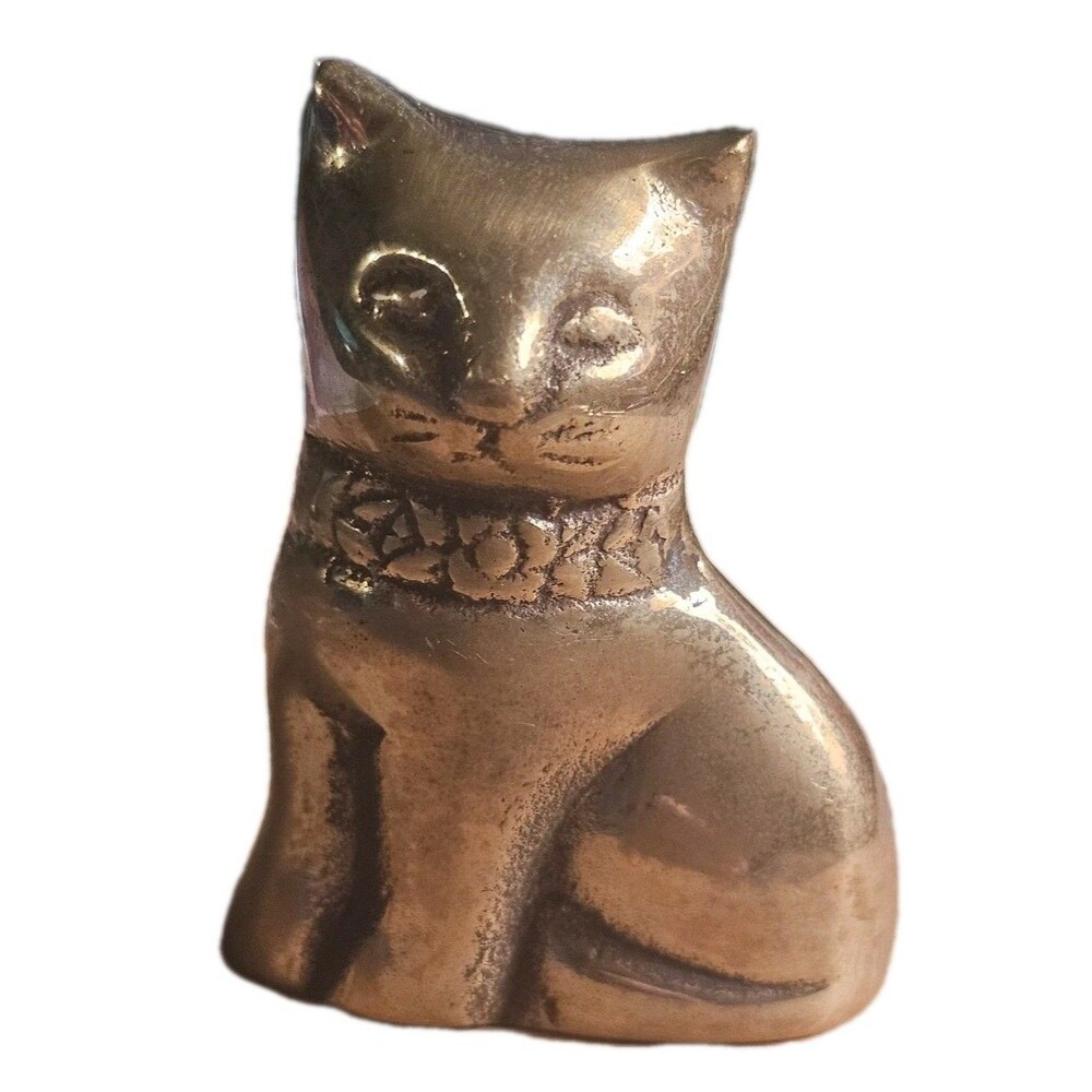 Vintage Brass Kitten Sitting Figurine With Floral Collar & Cute Face